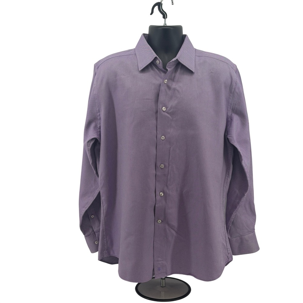 David Donahue Dress Shirt Mens 17 34/35 Purple Striped Trim Fit Long Sleeve